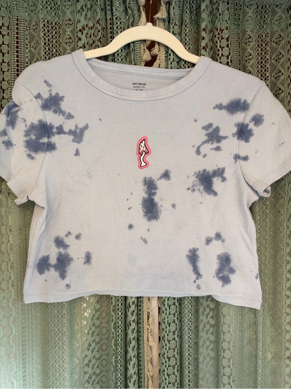 Cotton On Light Blue Tie-Dye Crop Top with Pink Patch
